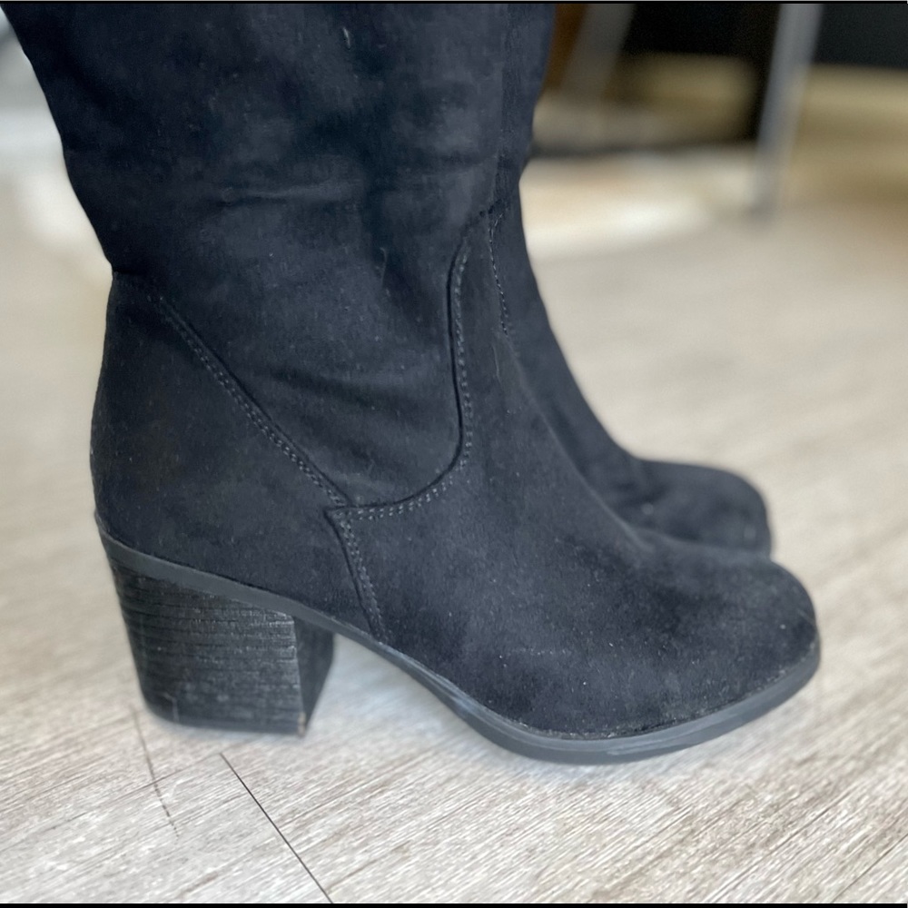 Black Suede Thigh-High Heeled Boots